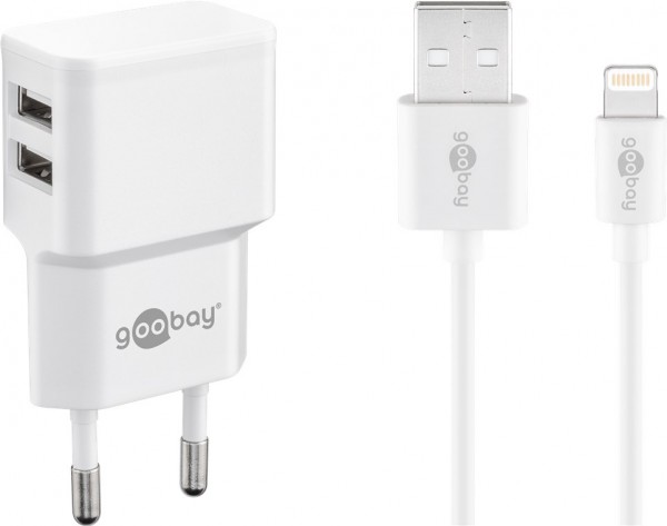 Kit de charge double Goobay Apple Lightning 2,4 A - bloc d'alimentation avec 2 prises USB et câble Apple Lightning 1 m (blanc)