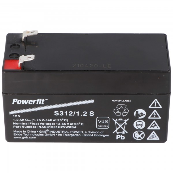 Batterie au plomb 12 Volt, 1200mAh Exide Powerfit S312 / 1,2S PB avec contact Faston de 4,8 mm