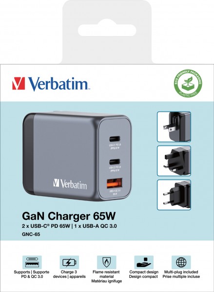 Adaptateur de charge Verbatim, universel, GNC-65, GaN, 65 W, gris 1x USB-A QC, 2x USB-C PD, vente au détail