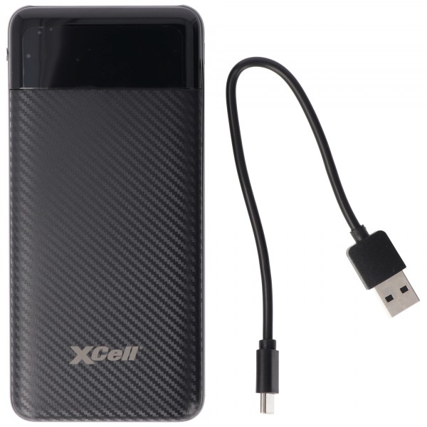 XCell Powerbank X10000 avec capacité de 10 000 mAh, design fin, écran LED, double sortie USB, port de chargement USB-C