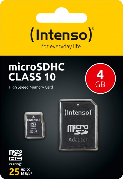 Carte microSDHC Intenso 4 Go, classe 10 (R) 25 Mo/s, (W) 10 Mo/s, adaptateur SD, blister de vente au détail