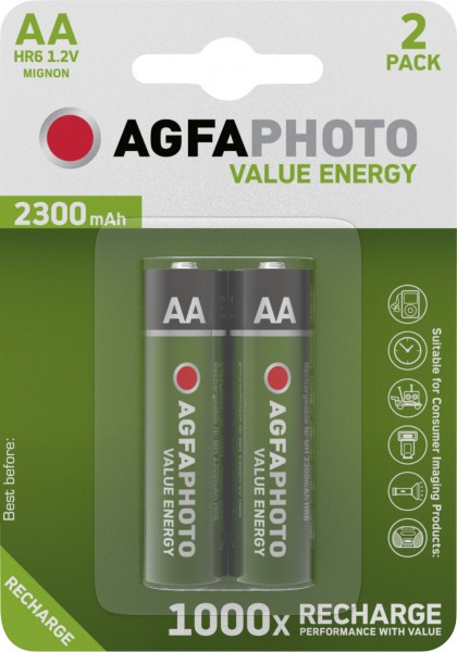 Agfaphoto Batterie NiMH, Mignon, AA, HR06, 1.2V/2300mAh Value Energy, Retail Blister (2-Pack)