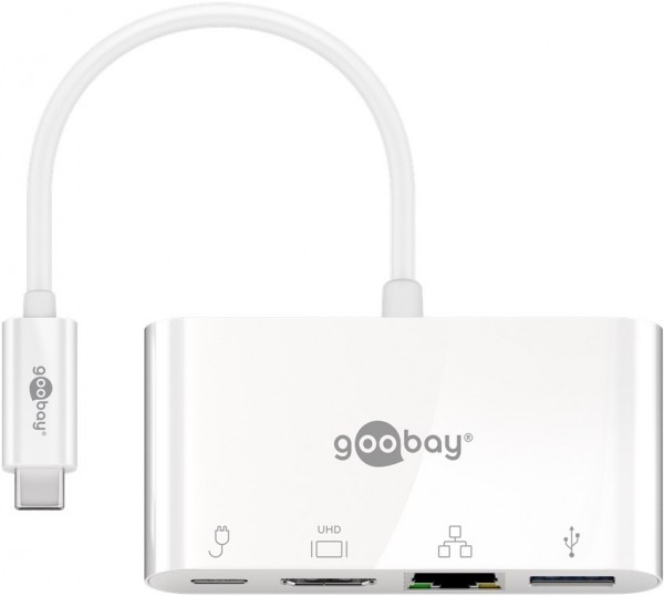 Adaptateur multiport Goobay USB-C™ HDMI+Ethernet, PD, blanc - ajoute un port Ethernet, un port HDMI™ et un port USB 3.0 à un appareil USB-C™