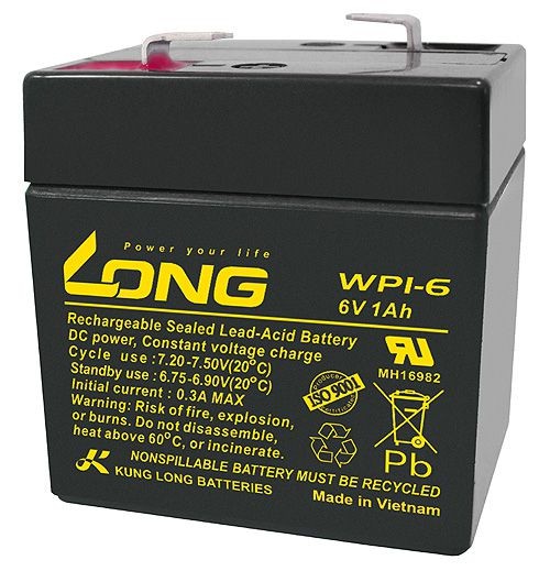 Batterie au plomb Kung Long WP1-6 6 Volt 1Ah avec contact à fiche Faston 4.8mm