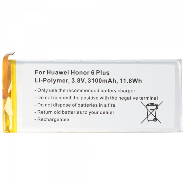 Batterie pour Huawei Honor 6 Plus, Li-Polymer, 3.8V, 3100mAh, 11.8 Wh, intégré, sans outil