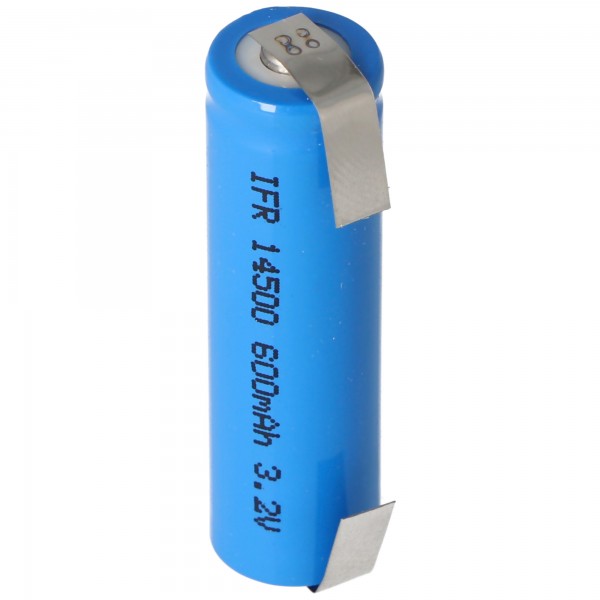 Batterie solaire 3,2 volts Lithium IFR 14500 AA 600mAh Batterie LiFePo4 avec tête non protégée 14,2 x 50,6 mm, avec étiquettes à souder en forme de U