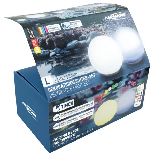 2 pièces d'eau flottante LED ANSMANN Aqua Ball avec fonctions de couleur, y compris 3 micro piles AAA et télécommande