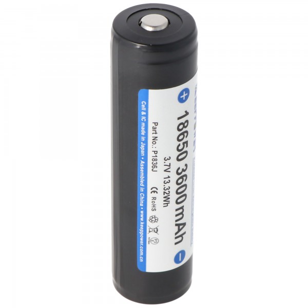 Keeppower 18650 batterie Li-ion avec 3600mAh, 3,7 Volt avec protection électronique, 69.12x18.65