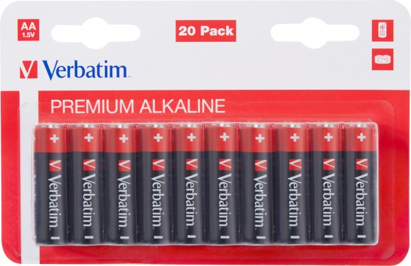 Pile alcaline Verbatim, Mignon, AA, LR06, 1,5 V Premium, blister de vente au détail (paquet de 20)
