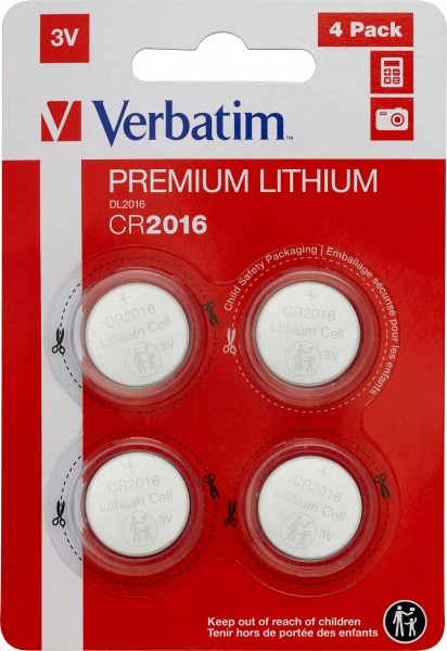 Batterie au lithium Verbatim, pile bouton, CR2016, blister de 3 V (paquet de 4)