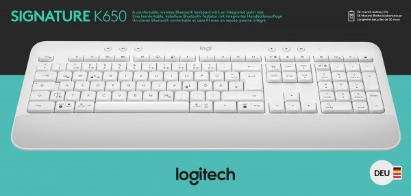 Clavier Logitech K650, Sans fil, Boulon, Bluetooth, Signature blanche, DE, Vente au détail