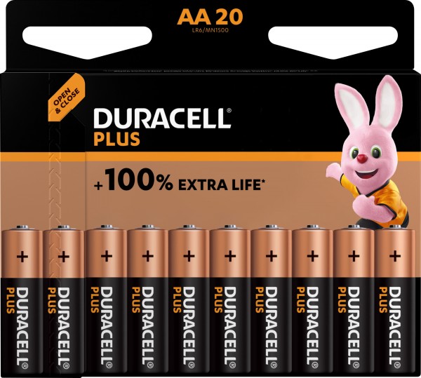 Pile alcaline Duracell, Mignon, AA, LR06, 1,5 V Plus, durée de vie supplémentaire, blister de vente au détail (paquet de 20)