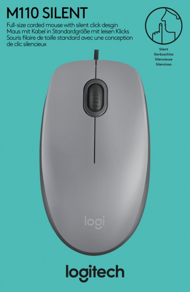 Logitech Mouse M110, Silencieux, USB, gris optique, 1000 dpi, 3 boutons, vente au détail