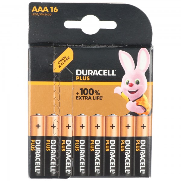 Pile alcaline Duracell, Micro, AAA, LR03, 1,5 V Plus, durée de vie supplémentaire, blister de vente au détail (paquet de 16)
