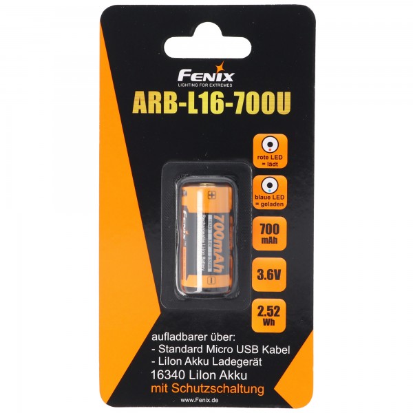 CR123 Une batterie Li-ion avec fonction de chargement USB intégrée de 3,7 V avec 700 mAh et AccuCell BatterieBox (aucun chargeur supplémentaire requis)