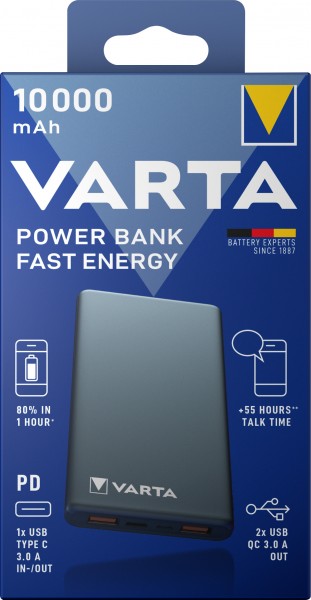 Batterie externe Varta, 5V/10 000mAh, Fast Energy, gris 2xUSB-A/Micro-B/-C, Quick Charge 3.0