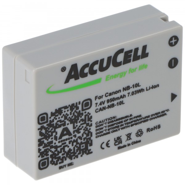 Batterie AccuCell pour Canon NB-10L, PowerShot SX40 HS, Li-Ion 7,4 volts, 750-950mAh dimensions 45,5x32,4x15,2mm