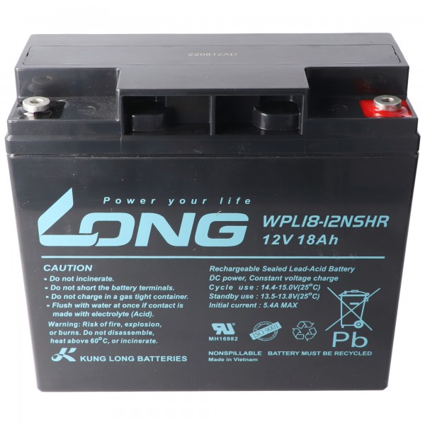 Batterie plomb-polaire Kung Long WPL18-12NSHR Longlife, 12 volts, filetage interne 18 Ah Faston M5