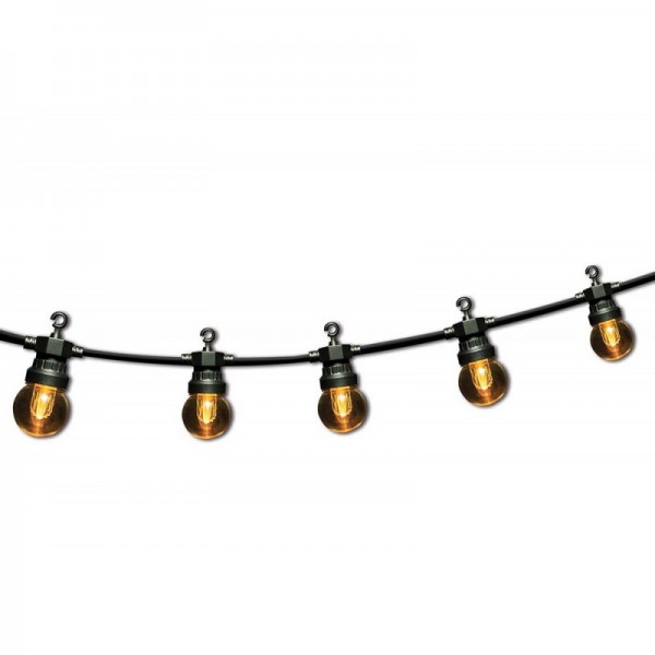 Guirlande lumineuse RETRO avec câble noir, lampes à incandescence avec lumière blanche chaude, avec crochets de suspension sur chaque ampoule, adaptée à une utilisation intérieure et extérieure