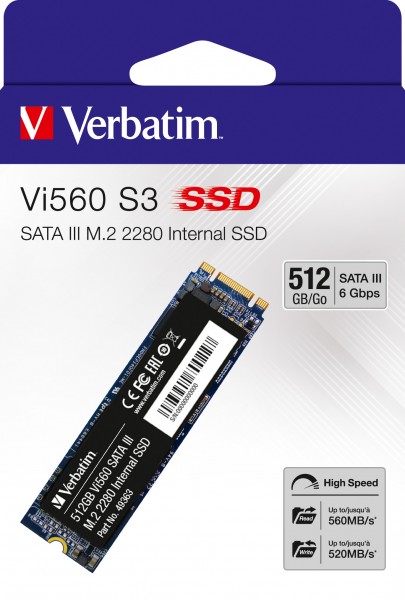 Verbatim SSD 512 Go, SATA-III, M.2 2280 Vi560 S3, (R) 560 Mo/s, (W) 520 Mo/s, Vente au détail