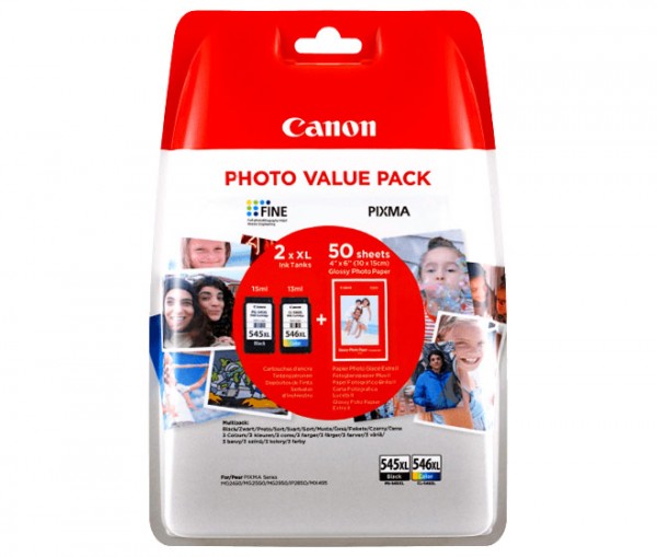 Pack économique de cartouches d'encre Canon PG545XL/CL-546XL noir/couleur, comprenant 50 feuilles de papier photo 10x15 cm