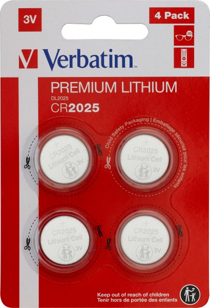Batterie au lithium Verbatim, pile bouton, CR2025, 3V Blister au détail (paquet de 4)