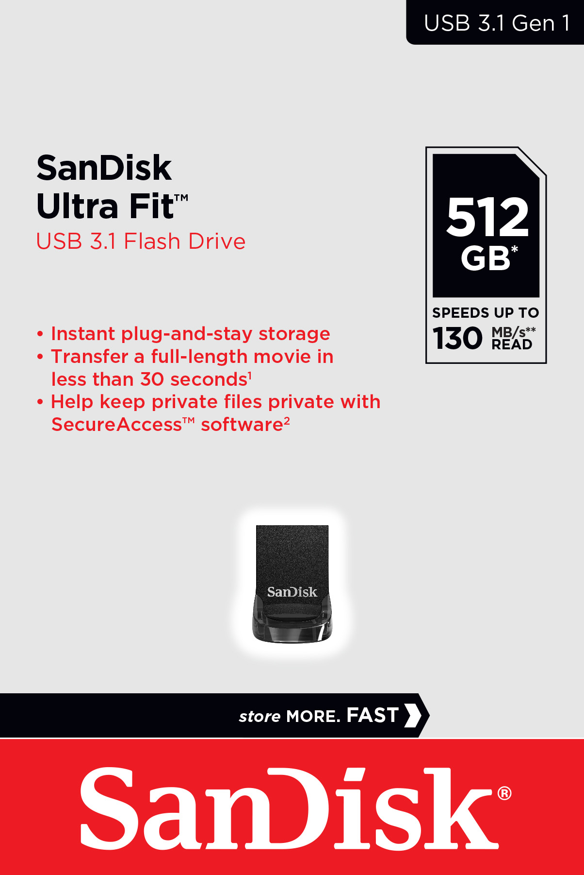 Clé USB 3.1 Sandisk 512 Go, Ultra Fit Type-A, (R) 130 Mo/s, (W) 60 Mo/s,  AES-128-Bit, blister de vente au détail, Clés USB, Cartes mémoires