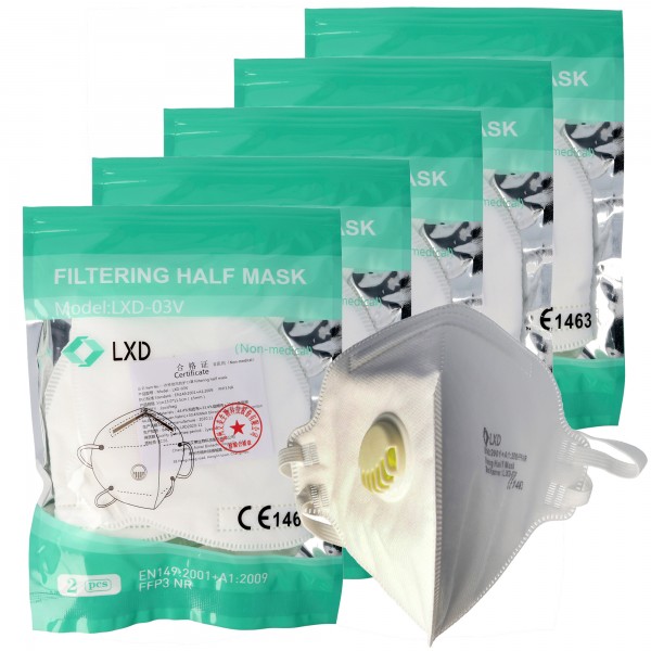 10 pièces Masque de protection FFP3 Premium 5 plis avec valve, ration hebdomadaire, certifié selon DIN EN149: 2001 + A1: 2009, demi-masque filtrant les particules