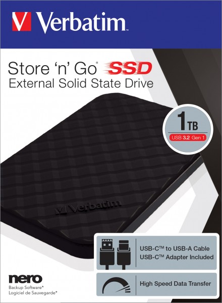 Verbatim SSD 1 To, USB 3.2, Type AC, 6,35 cm (2,5'') Store'n'Go, (R) 460 Mo/s, (W) 460 Mo/s, Vente au détail