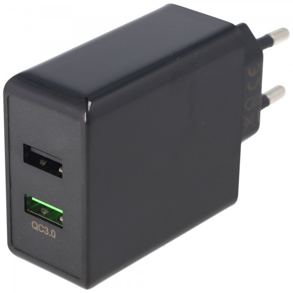 Double chargeur rapide USB USB QC3.0 28W noir, se recharge jusqu'à 4 fois plus rapidement que les chargeurs standard