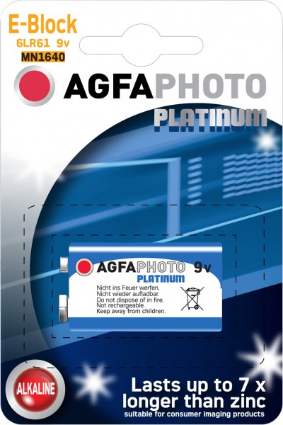 Pile alcaline Agfaphoto, E-Block, 6LR61, alimentation 9 V, blister de vente au détail (1 paquet)