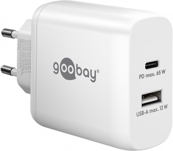 Goobay USB-C™ PD double chargeur rapide (65 W) blanc - 1x port USB-C™ (Power Delivery) et 1x port USB-A - blanc