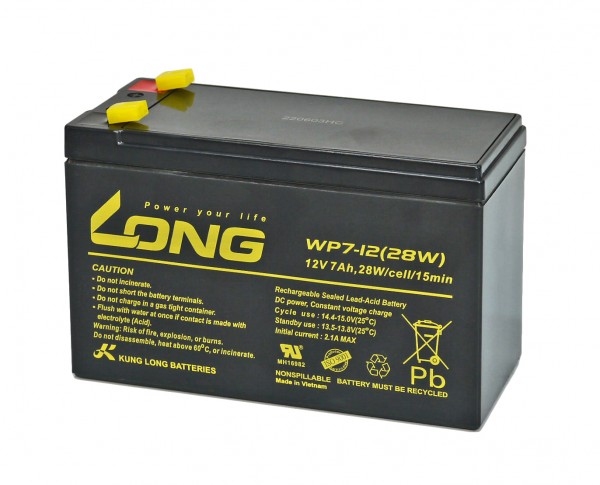 Batterie plomb-acide Kung Long sans entretien WP7-12(28W) avec connexion Faston 4.8mm 12V/7Ah
