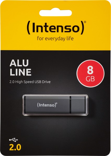 Clé USB 2.0 Intenso 8 Go, Alu Line, anthracite (R) 28 Mo/s, (W) 6,5 Mo/s, blister de vente au détail