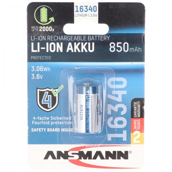 Batterie Li-ion Ansmann CR123A, 16340, 3.6V à 3.7V, 850mAh 17×17x35mm avec circuit de protection