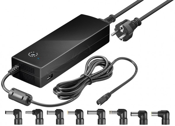 Alimentation pour ordinateur portable Goobay 134,5 W - avec 1 adaptateur USB et 8 adaptateurs CC ; 12V - 24V jusqu'à 8,5A max