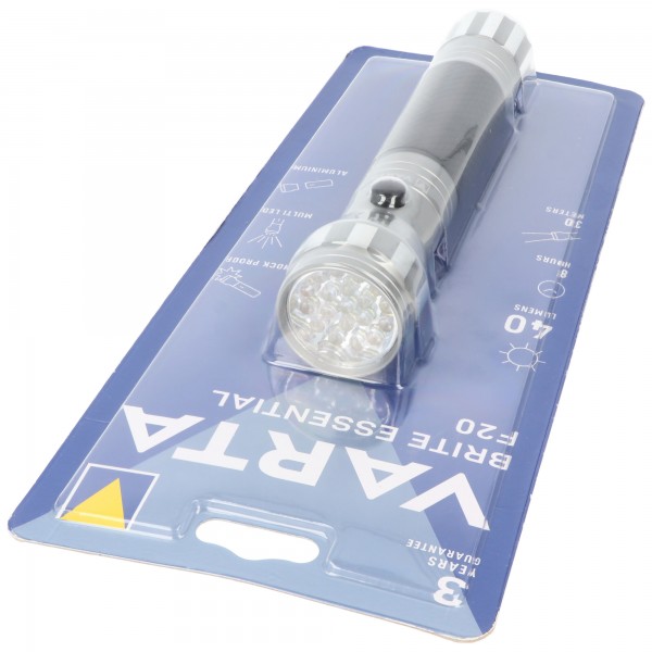 Lampe de poche LED Varta Brite Essential F20 40lm, sans 2 piles Baby C, blister de vente au détail