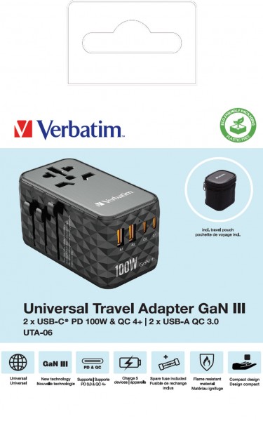 Adaptateur de charge Verbatim, Universal Travel, UTA-06, GaN III, 100 W 2x USB-A QC, 2x USB-C PD, 100-250 V, vente au détail