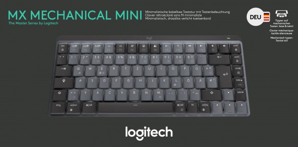 Logitech Keyboard MX Mechanical Mini, sans fil, boulon, Bluetooth éclairé, silencieux, tactile, batterie, DE, graphite, vente au détail