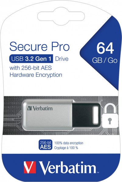 Verbatim Clé USB 3.0 64 Go, Secure Pro, Argent (R) 100 Mo/s, (W) 35 Mo/s, AES 256 bits, blister de vente au détail