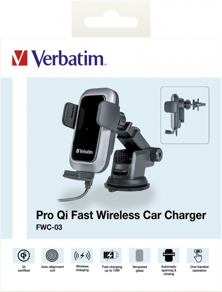 Verbatim Fast Wireless Charger, KFZ, Qi, 9V/12V, câble FWC-03 USB type AC, 1m, noir, vente au détail