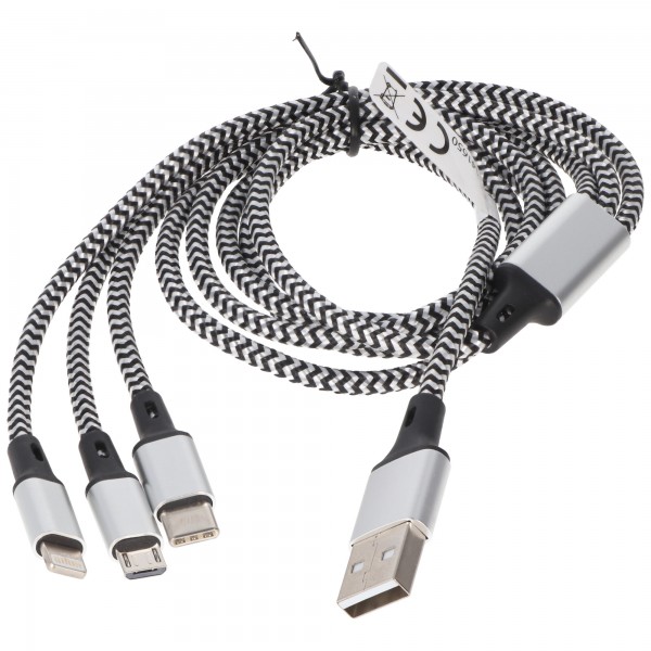 Câble de charge universel 3en1 pour Apple, USB-C, Miucro-USB robuste avec gaine TPE, prises en aluminium