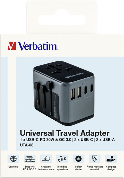 Adaptateur de charge Verbatim, Voyage universel, UTA-03, noir 100-250V, 2x USB Type-A, 3x USB Type-C, PD/QC, Vente au détail