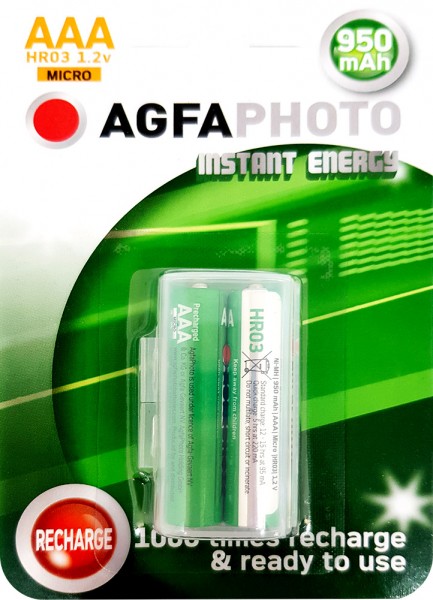 Batterie rechargeable Agfaphoto NiMH, Micro, AAA, HR03, énergie instantanée 1,2 V/950 mAh, préchargée, blister de vente au détail (paquet de 2)