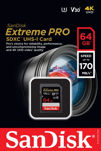 Carte Sandisk SDXC 64 Go, Extreme PRO, U3, UHS-I, 4K UHD (R) 170 Mo/s, (W) 90 Mo/s, blister de vente au détail
