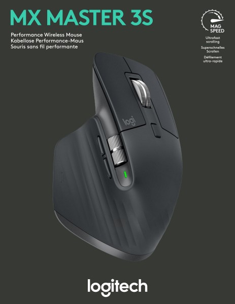 Logitech Mouse MX Master 3S, sans fil, boulon, Bluetooth, laser graphite, fond noir, 200-8000 dpi, 7 boutons, batterie, vente au détail