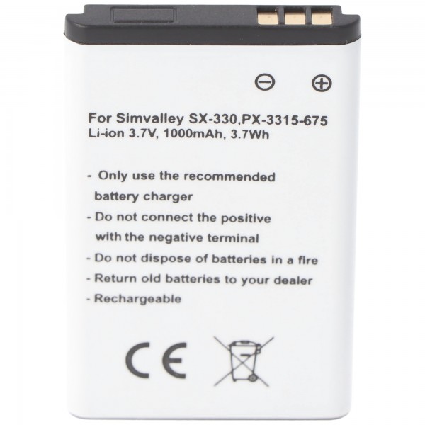 Batterie compatible pour Simvalley SX-330, PX-3315-675, Li-ion, 3.7V, 1000mAh, 3.7Wh