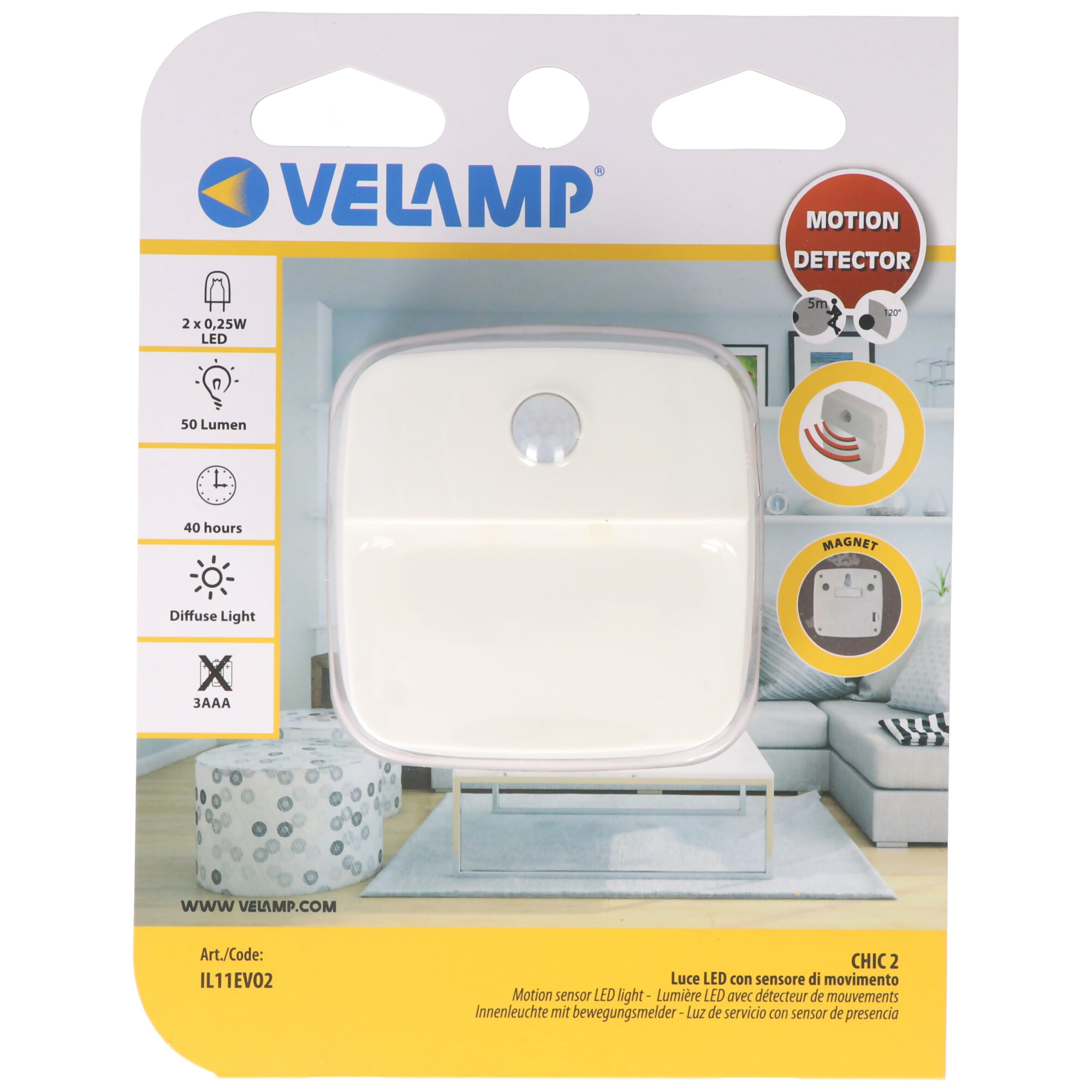 Velamp CHIC2 : Lampe 2 LED pour piles, avec détecteur de mouvement, Feux  et phares LED, Éclairage, Leds & Lampes de poche