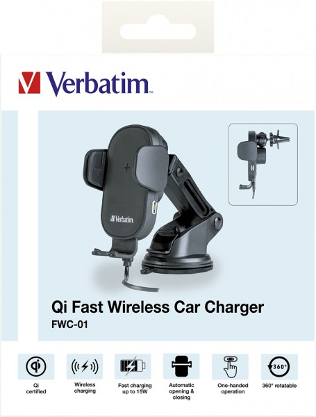 Verbatim Fast Wireless Charger, KFZ, Qi, 9V/12V, câble FWC-01 USB type AC, 1m, noir, vente au détail