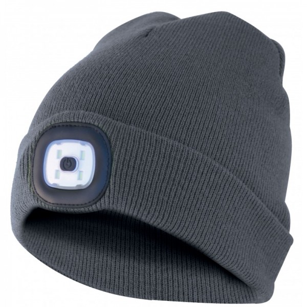 Bonnet avec éclairage avant LED, bonnet tricoté avec éclairage LED idéal pour le jogging, le camping, le travail, la marche, etc., rechargeable via USB et lavable, gris foncé